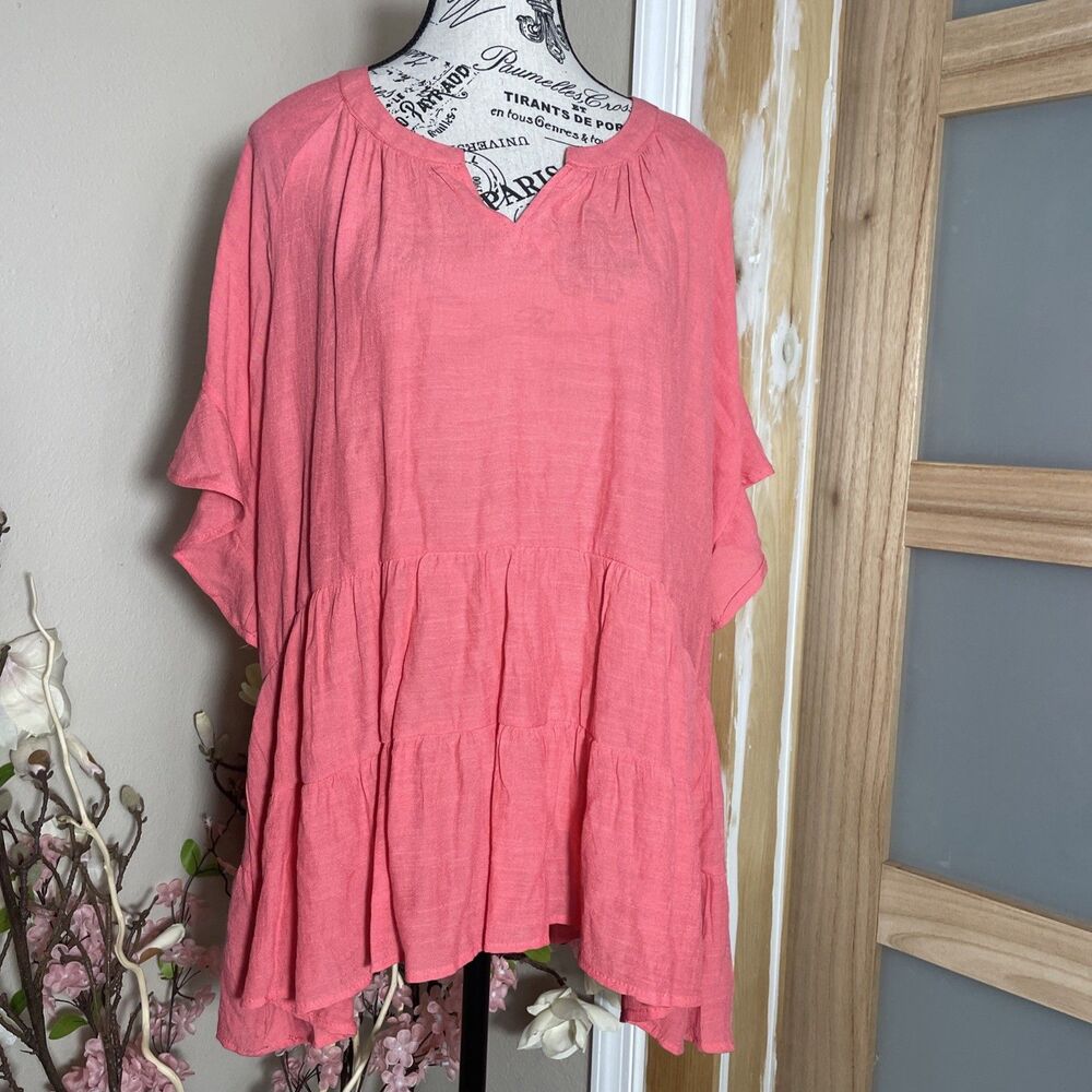 Umgee Tunic Top XL Pink Fall Boho Flowy Keyhole Plus Size Lagenlook Layered